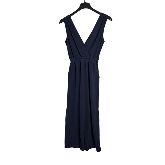Monteau Womens Navy Jumpsuit Wide Leg Side Slits Elastic Waist V-Neck Stretch Si - Picture 1 of 10